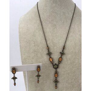 Vintage Avon Nina Ricci Necklace & Matching Earrings w/Orange And Green Stones